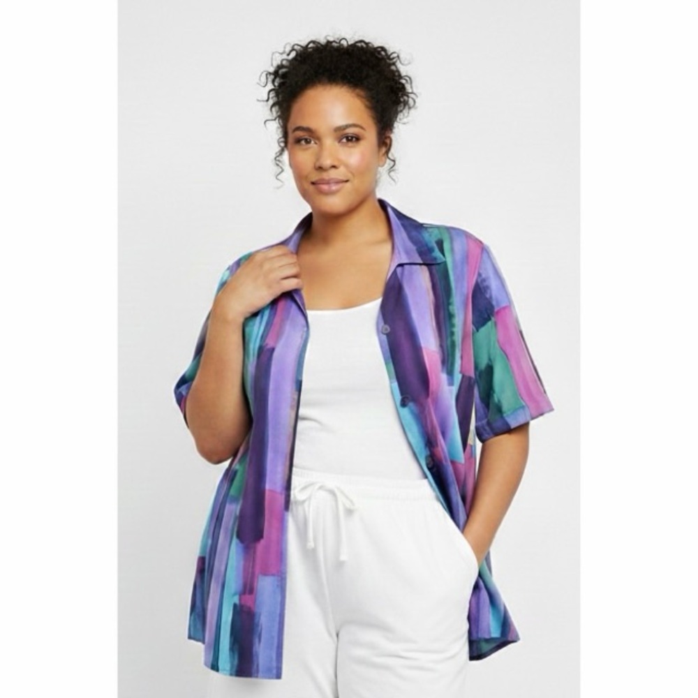 A Personal Touch | VTG Plus Size Multicolor Watercolor Pattern Button Blouse Top